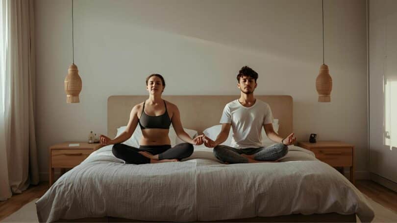 Imagem de um casal meditando no quarto, sobre a cama.