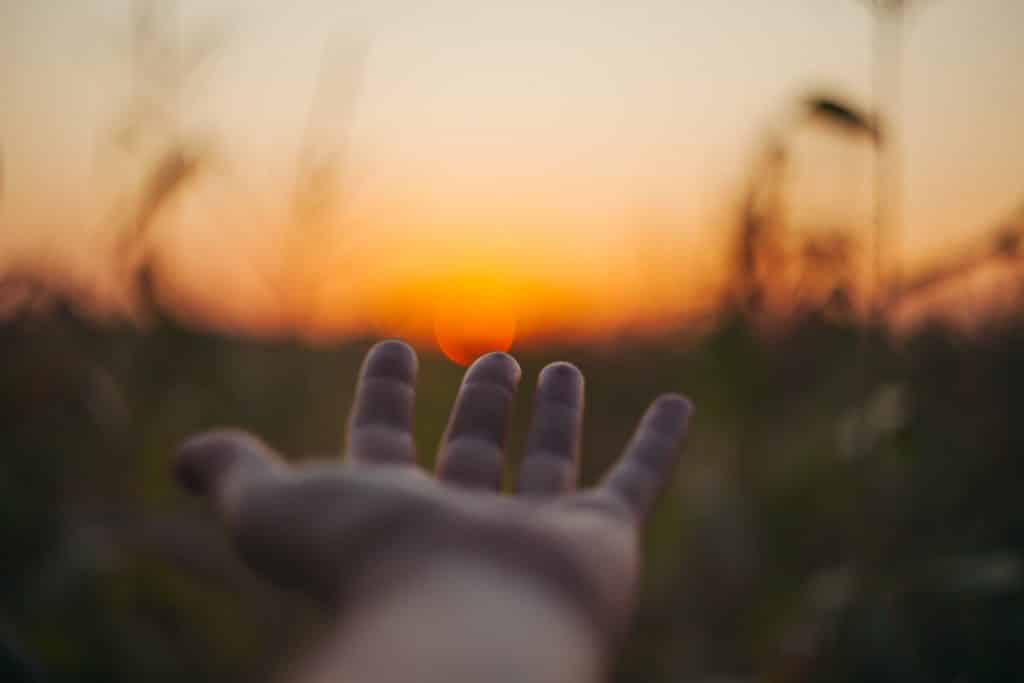 Mão aberta seguindo a direção do pôr do sol