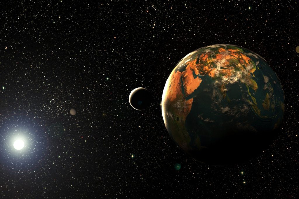 Imagem da Lua e os planetas no universo estrelado representando a transição planetária.
