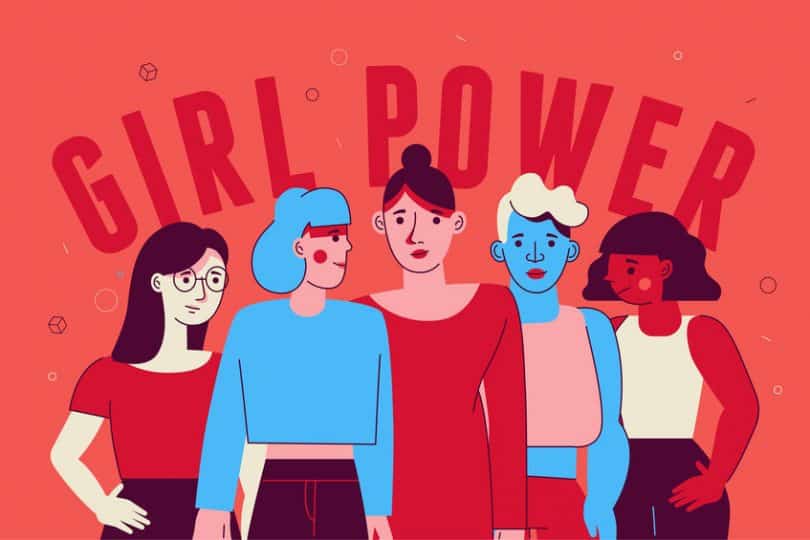 Ilustração de mulheres com escrito "Girl Power" ao fundo