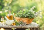 Plantas medicinais em uma cesta em uma mesa de pedra com óleos ao lado