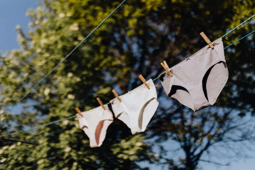 Roupas íntimas penduradas em um varal, em ambiente aberto, durante o dia.