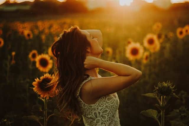 Mulher com mãos nos cabelos em campo de girassóis com sol refletido