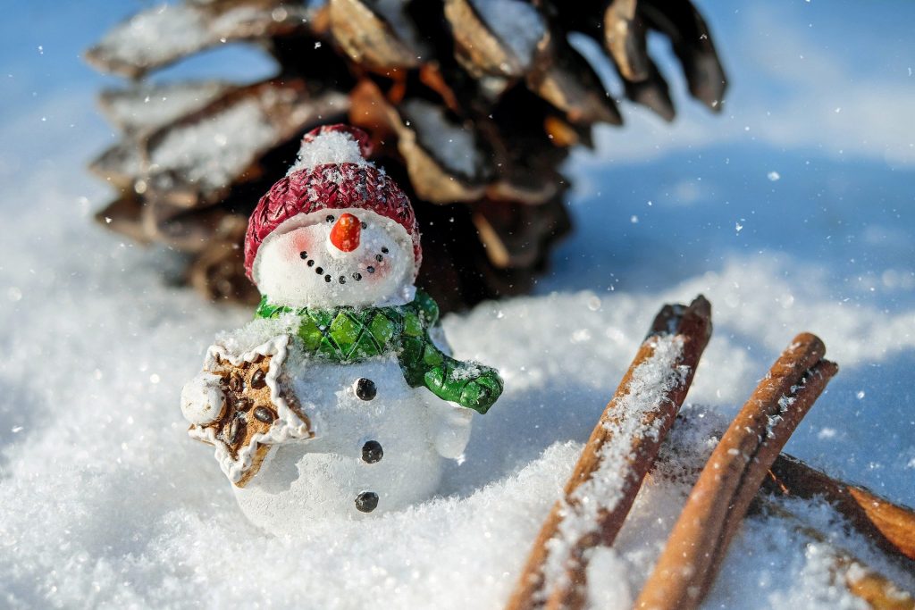 Imagem de um lindo e pequeno boneco de neve (na neve) ao lado um pinha e alguns pedaços de canela em pau.