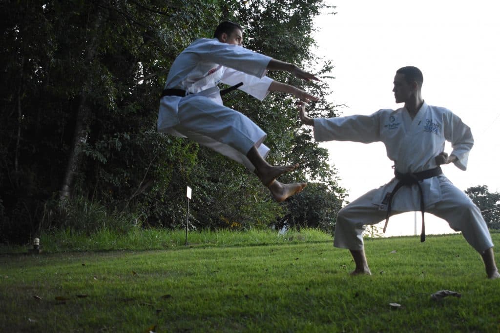 Dois homens praticando artes marciais em um gramado