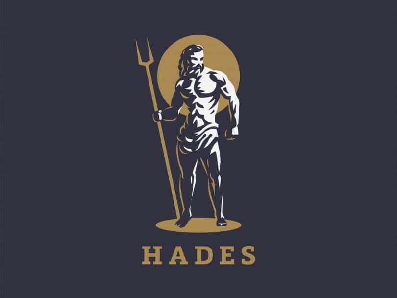 Ilustração de Hades como um homem forte segurando um cetro de dois dentes.