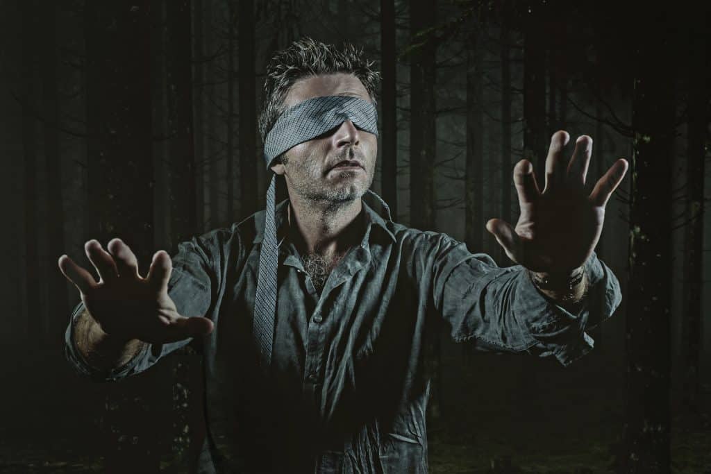 Imagem de um homem representando a situação de um dos atores do filme Bird Box. O homem está com os olhos vendados com a sua gratava cinza.
