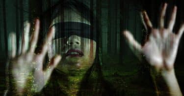 Imagem de um dos atores do filme Bird Box. Ela está com os olhos vendados e com as mãos sobre uma janela de vidro.