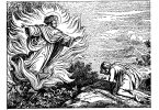 Imagem em preto e branco de Deus aparecendo a um homem ajoelhado.