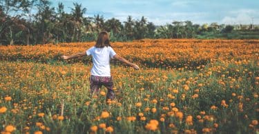 Mulher caminhando em um campo de flores