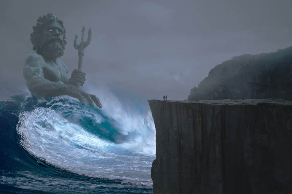 Imagem de poseidon como um homem segurando um tridente em meio a uma grande onda do mar.