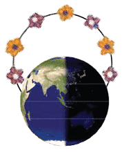 Ilustração do planeta Terra dividido ao meio, entre dia e noite, com um arco de flores acima.