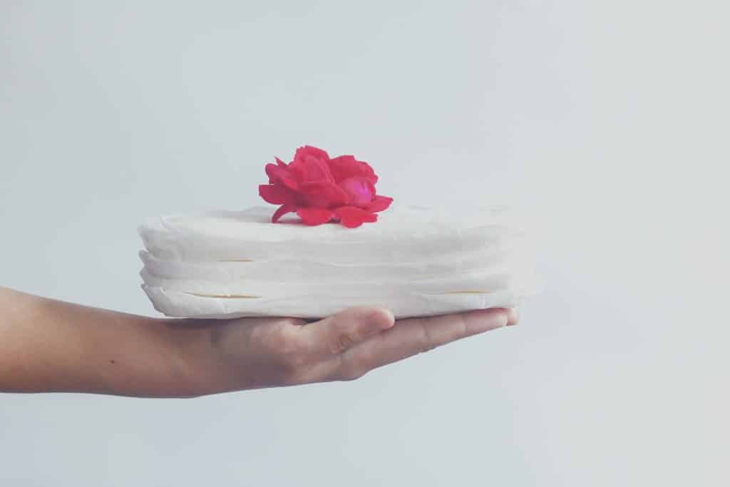 Imagem de vários absorventes de pano feito na cor branca.  Eles estão dispostos sobre as mãos de uma mulher e sobre eles uma rosa vermelha.