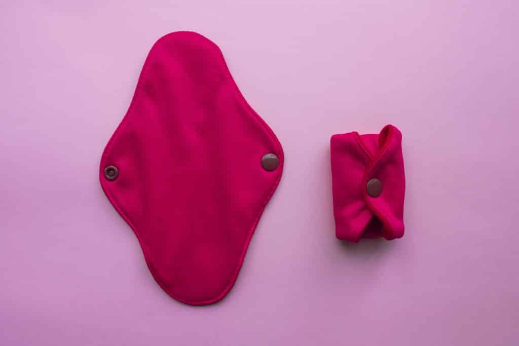 Imagem de um absorvente de pano na cor rosa e ao lado dele a bolsinha de porta absorvente também na mesma cor.

