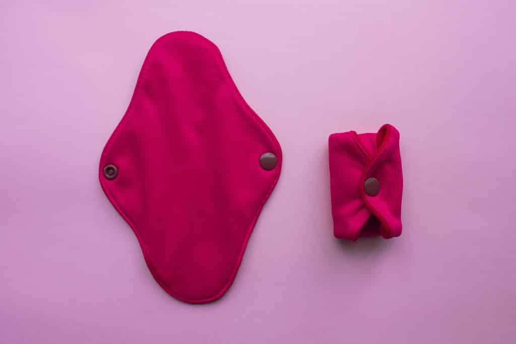 Imagem de um absorvente de pano na cor rosa e ao lado dele a bolsinha de porta absorvente também na mesma cor.