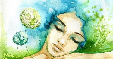 Arte em aquarela nas cores bege, azul e verde, retratando uma mulher de olhos fechados.