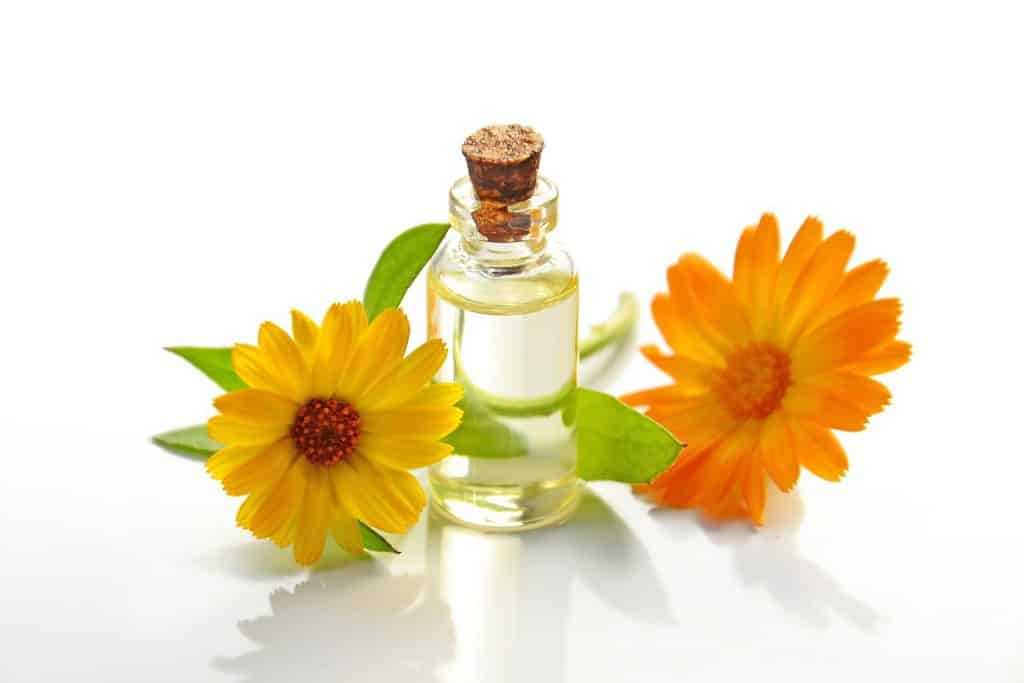 Imagem de um frasco contendo óleo essencial. Ao lado dele, duas flores na cor laranja.
