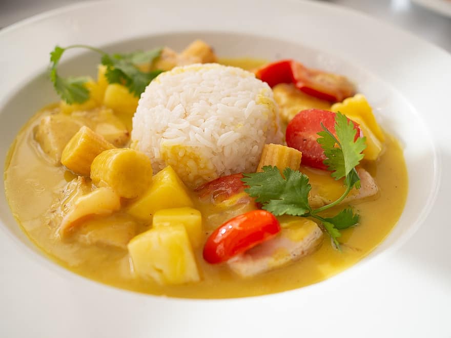 Curry de legumes com arroz em um prato fundo.