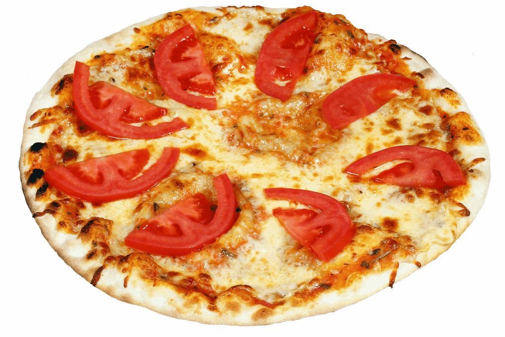 Imagem de uma linda e saborosa pizza no sabor Marguerita pronta para ser degustada.