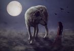 Imagem de um anoitecer com um lindo lobo branco e ao fundo a imagem da lua cheia.