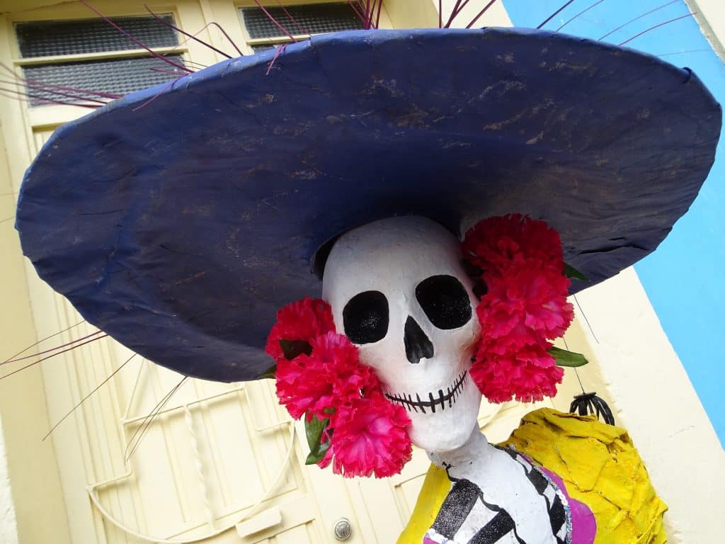 Imagem de uma pessoa fantasiada de La Catrina, a Deusa dos Mortos, festejando o dia dos mortes no México. Ela usa uma máscara de caveira, um chapéu preto e no em torno de suas orelhas um arranjo de flores vermelhas.
