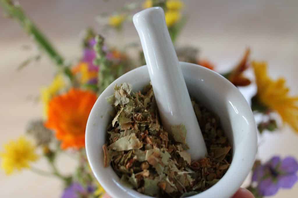 Imagem de um pilão feito de porcelana e dentro dele várias ervas para serem maceradas para a produção de remédio homeopáticos para animais.
