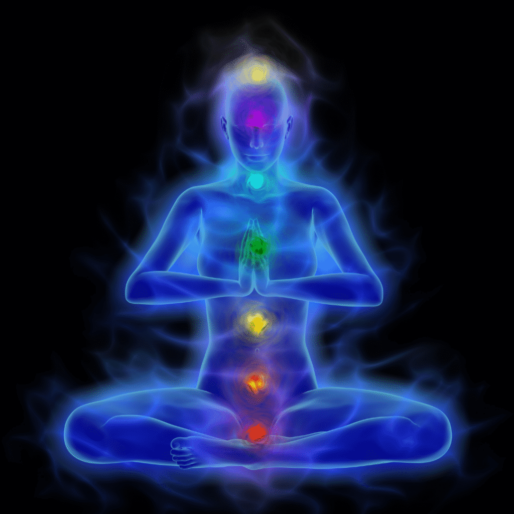 Foto de uma pessoa em meditação, com os chakras em evidência.