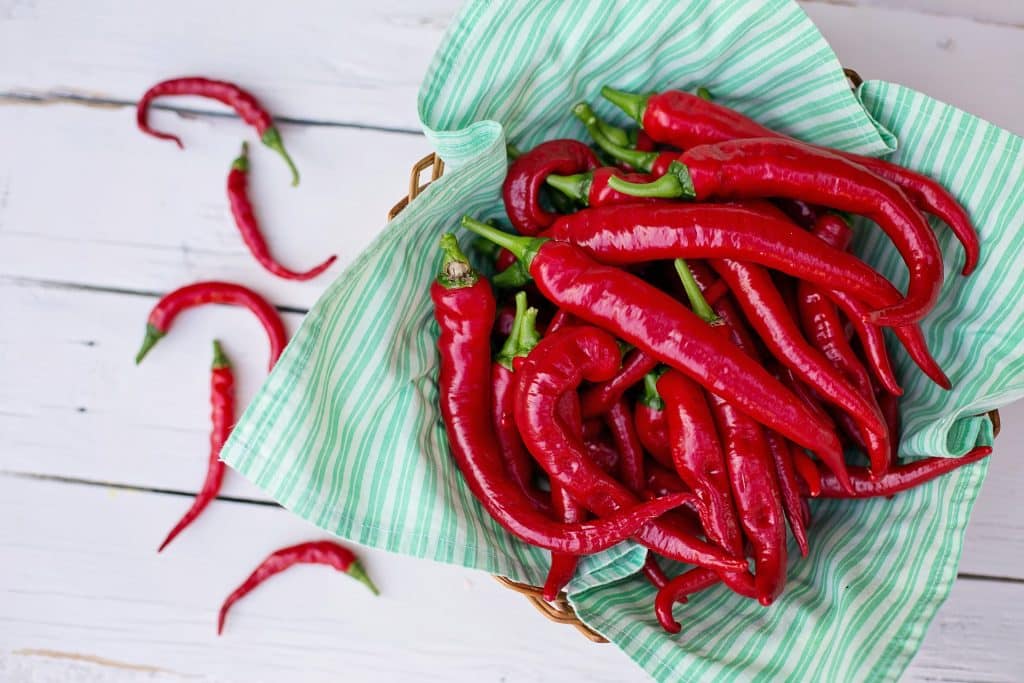 Imagem de várias pimentas caienas bem vermelhas dispostas sobre um cesto de vime coberto com uma toalha branca com listras verdes. Essa pimenta é indicada para dor na garganta.

