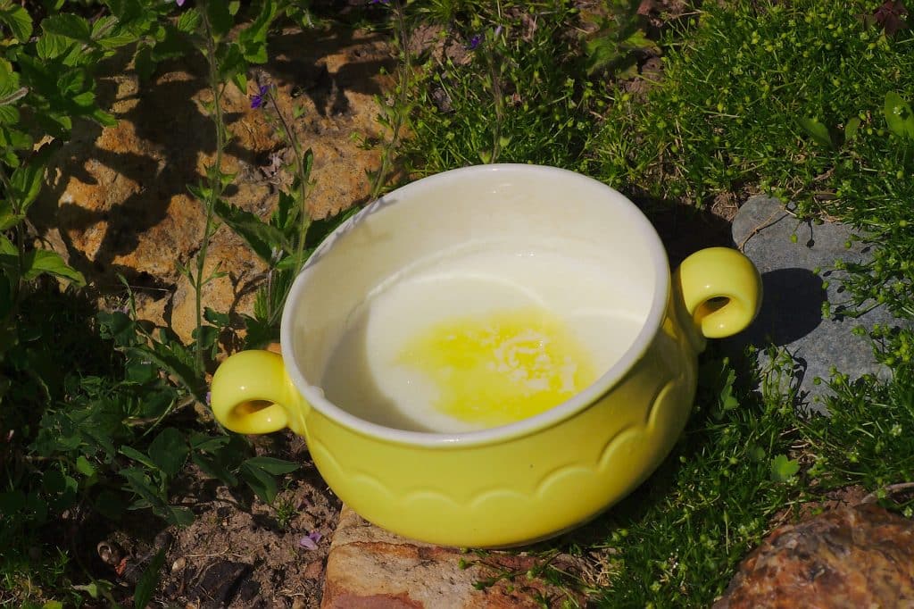 Imagem de uma tigela amarela, contendo leite de aveia.