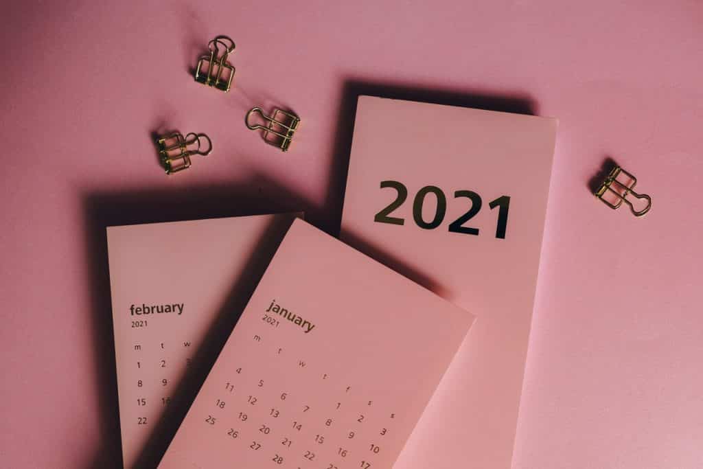 Calendário rosa de 2021 mostrando os meses de Janeiro e Fevereiro