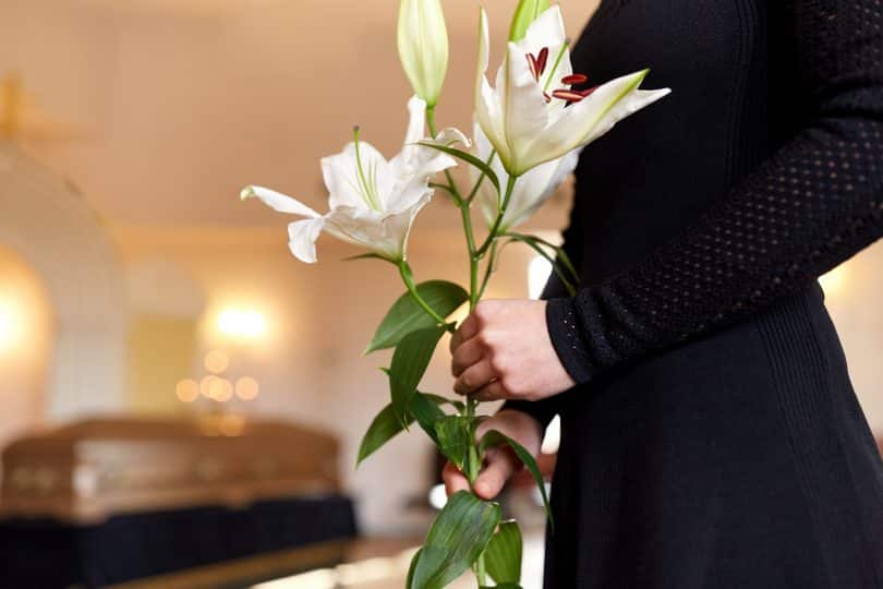 Imagem de uma mulher vestindo uma roupa preta dentro de uma sala de velório. Ela está segurando um ramo de flor branca e está ao lado do caixão.