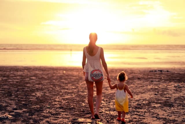 Mulher e menina brancas de mãos dadas na praia.