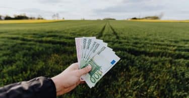 Pessoa segurando notas de dinheiro em um campo com gramado