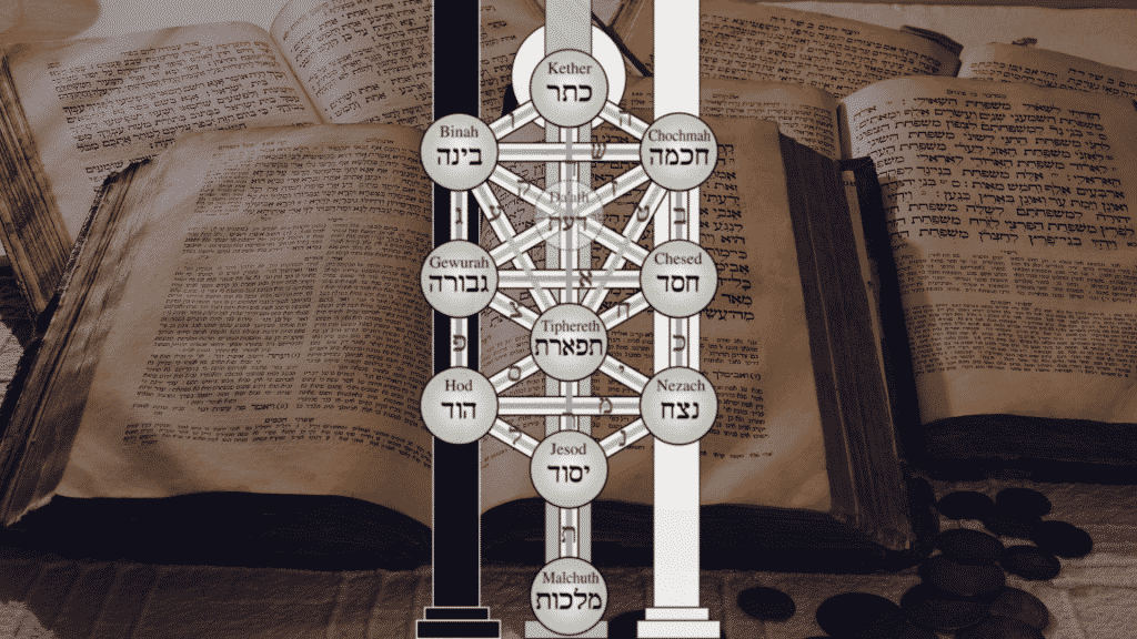 Imagem da árvore-da-vida da Cabalá sobre escrito judaicos.