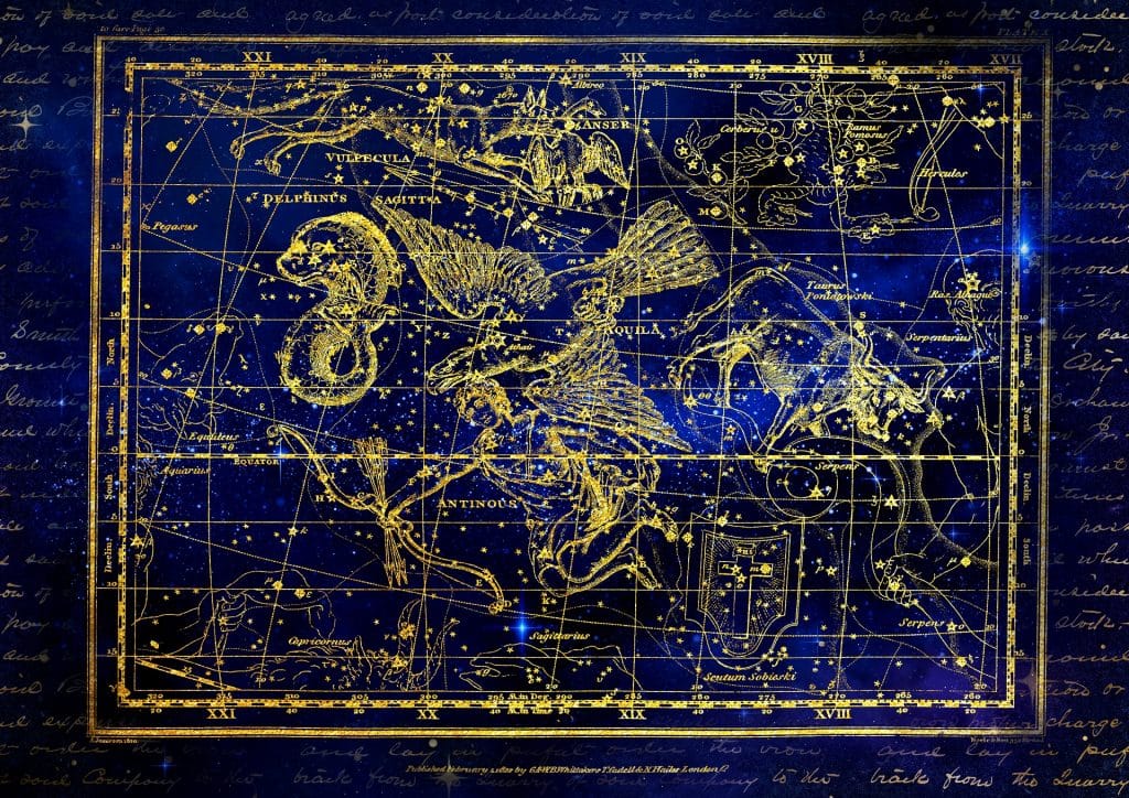 Linda imagem de fundo azul trazendo a constelação e todos os elementos astrológicos que a compõe.