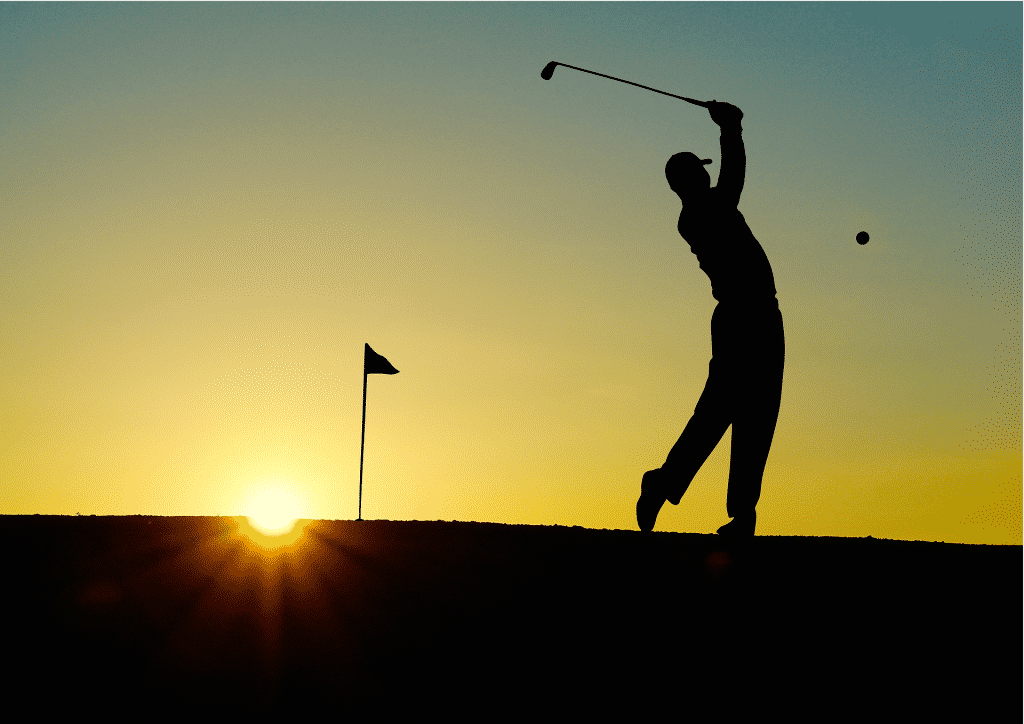 Imagem de um homem jogando golfe e ao fundo um lindo pôr do sol.