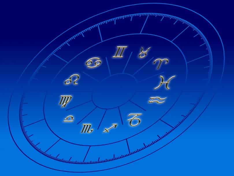 Imagem de fundo azul com o desenho de uma circunferência e nela está desenhado cada símbolo que representa os 12 signos do zodíaco.