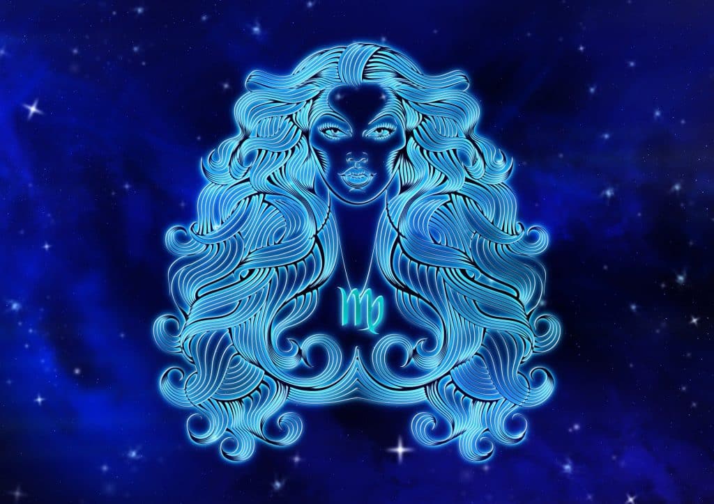 Imagem de fundo azul com alguns pontos de luz. Ao fundo a imagem de uma mulher simbolizando o signo de virgem.