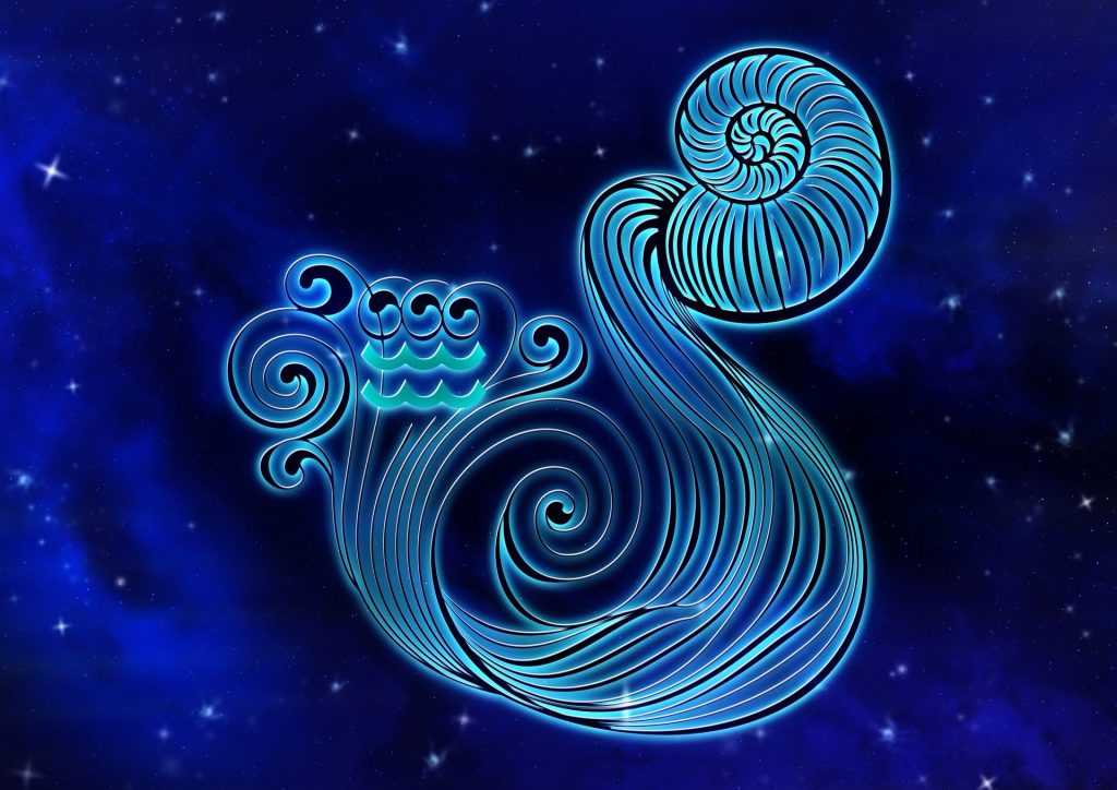 Imagem de fundo azul trazendo o símbolo do signo de aquário, sendo representado por uma cânfora derramando água e por duas ondas nessa água.
