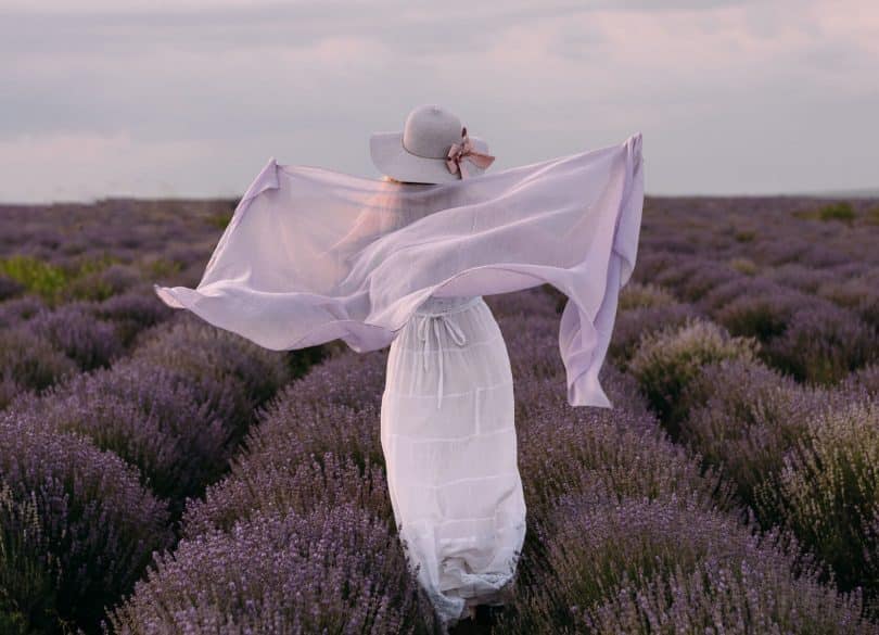 Mulher de costas usando vestido e lenço brancos, num campo de lavandas.