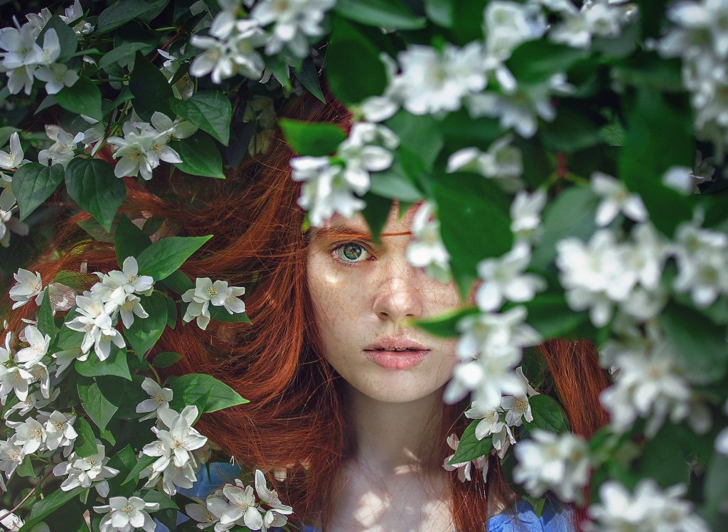 Imagem do rosto de uma linda mulher de cabelos ruivos entre uma folhagem com flores brancas. Ela representa uma fada, um ser puramente espiritual, encontrada na região superior da quarta dimensão espiritual.
