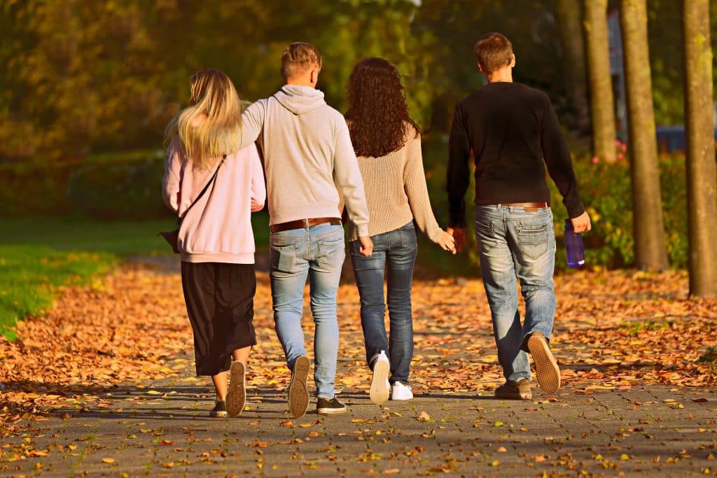Imagem de dois casais sendo que um deles está de mãos dadas e o outro está abraçado. Os dois homens e uma das mulheres usam calças jeans e blusa de frio e a outra usa uma calça preto mais curta e um moletom rosa. Os quatro caminham por uma calçada cheia de folhas de árvore por conta do outono.