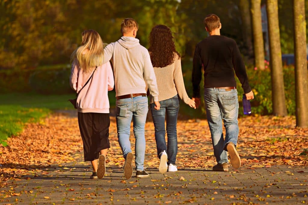 Imagem de dois casais sendo que um deles está de mãos dadas e o outro está abraçado. Os dois homens e uma das mulheres usam calças jeans e blusa de frio e a outra usa uma calça preto mais curta e um moletom rosa. Os quatro caminham por uma calçada cheia de folhas de árvore por conta do outono.
