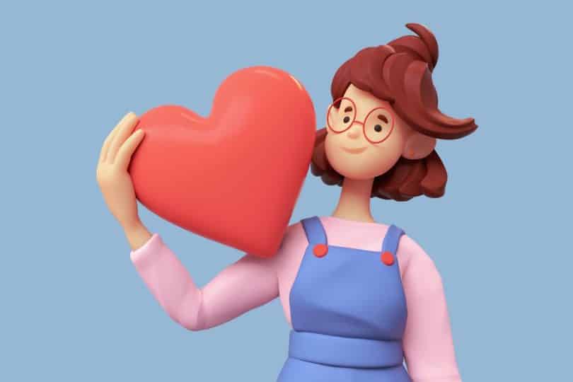 Ilustração 3D de uma menina com cabelo curto segurando um coração grande em uma das mãos.