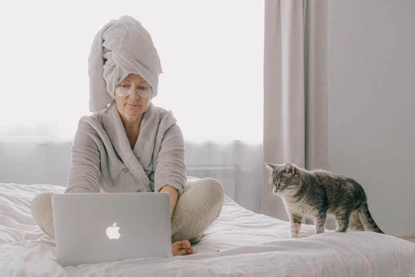 Senhora sentada na cama usando seu laptop ao lado de seu gatinho