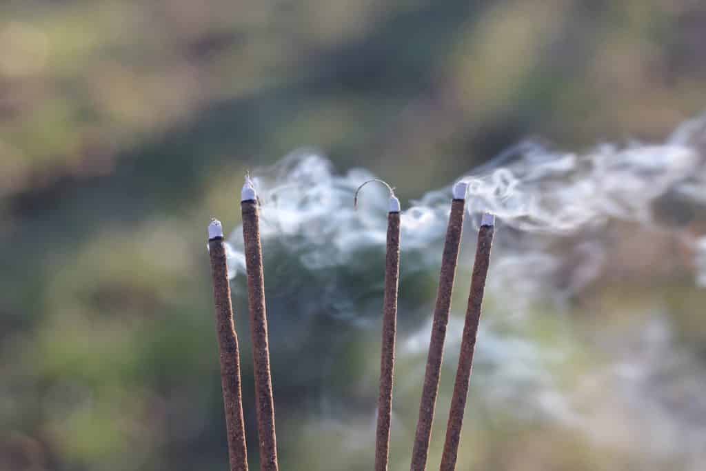 Imagem de cinco incensos finos de sálvia sendo queimados dentro de um incensário.