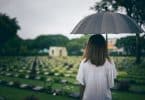 Mulher de costas segurando guarda-chuva num cemitério.