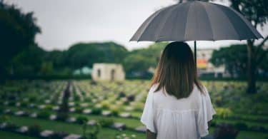 Mulher de costas segurando guarda-chuva num cemitério.
