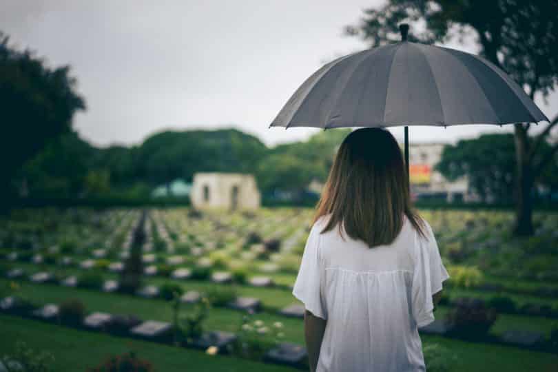 Mulher de costas segurando guarda-chuva num cemitério.