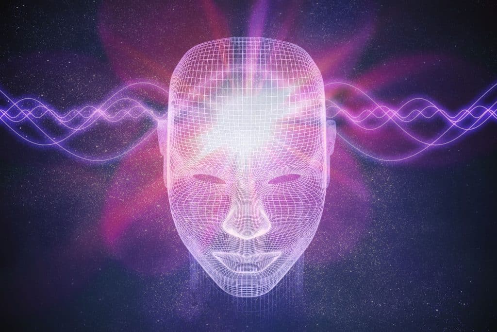 Projeto em 3D de cabeça humana com ondas magnéticas.